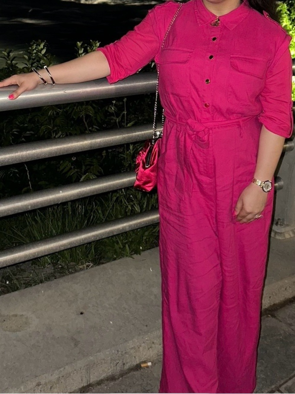 INC International Concepts Fuchsia Button-Front Jumpsuit with Tie Waist